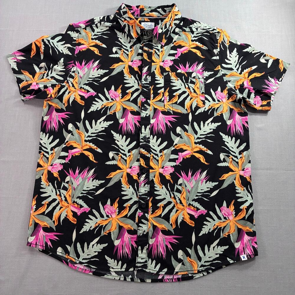 Hurley Hawaiian Floral Button Front Shirt Mens Medium Black Tropical Aloha